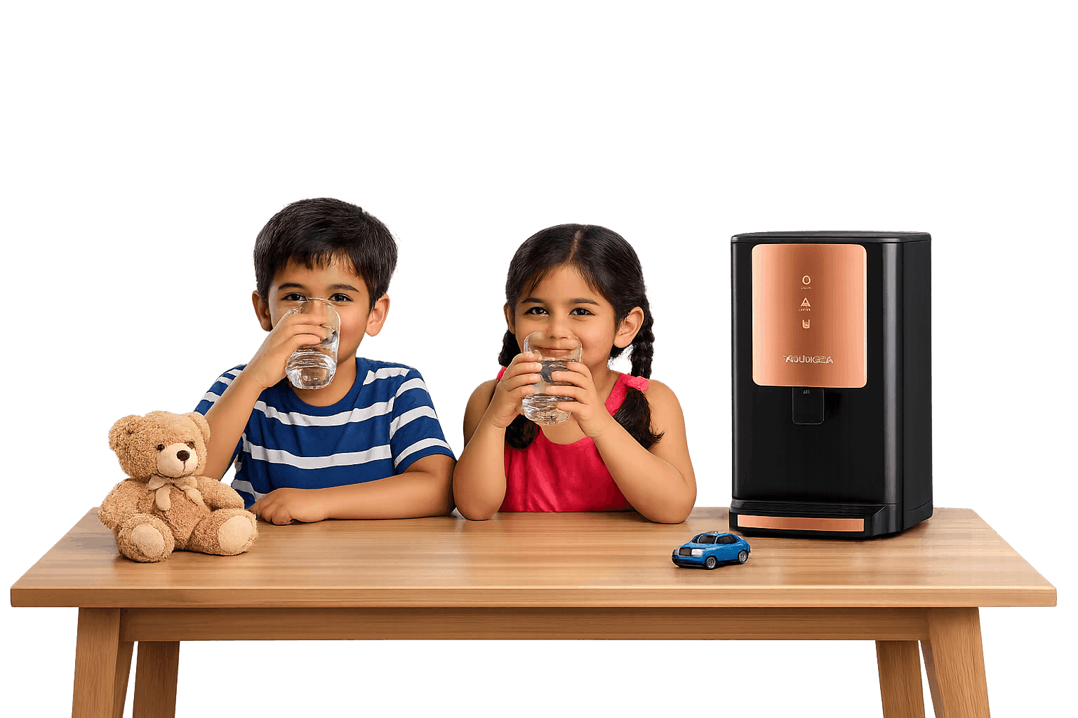 Happy mother and child drinking pure water